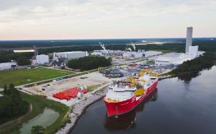 Nexans Aurora at Charleston facility with subsea cable for Malta-Sicily second interconnector